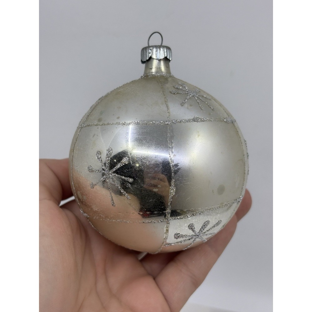 Austria Christmas Ornament Silver Ball White Stripes Silver Glitter Glass